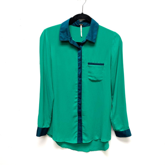 Free People Womens Blue Green Contrast Oversized Long Sleeve Button Up Shirt XS - Picture 1 of 12